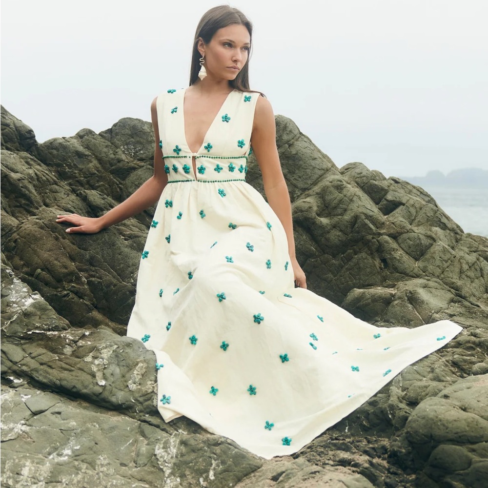 EDDY Becca Midi Dress in Ivory and Turquoise